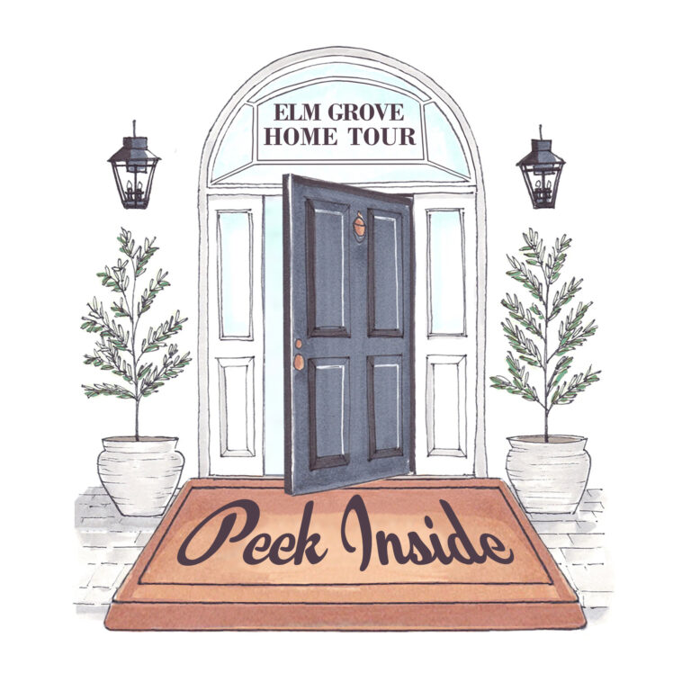 Open door with "Elm Grove Home Tour" sign above, flanked by lanterns and potted plants, doormat reads "Peek Inside."