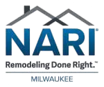 Logo featuring "NARI" with a house roof design above the text. Slogan reads "Remodeling Done Right®" and includes the word "MILWAUKEE" beneath.