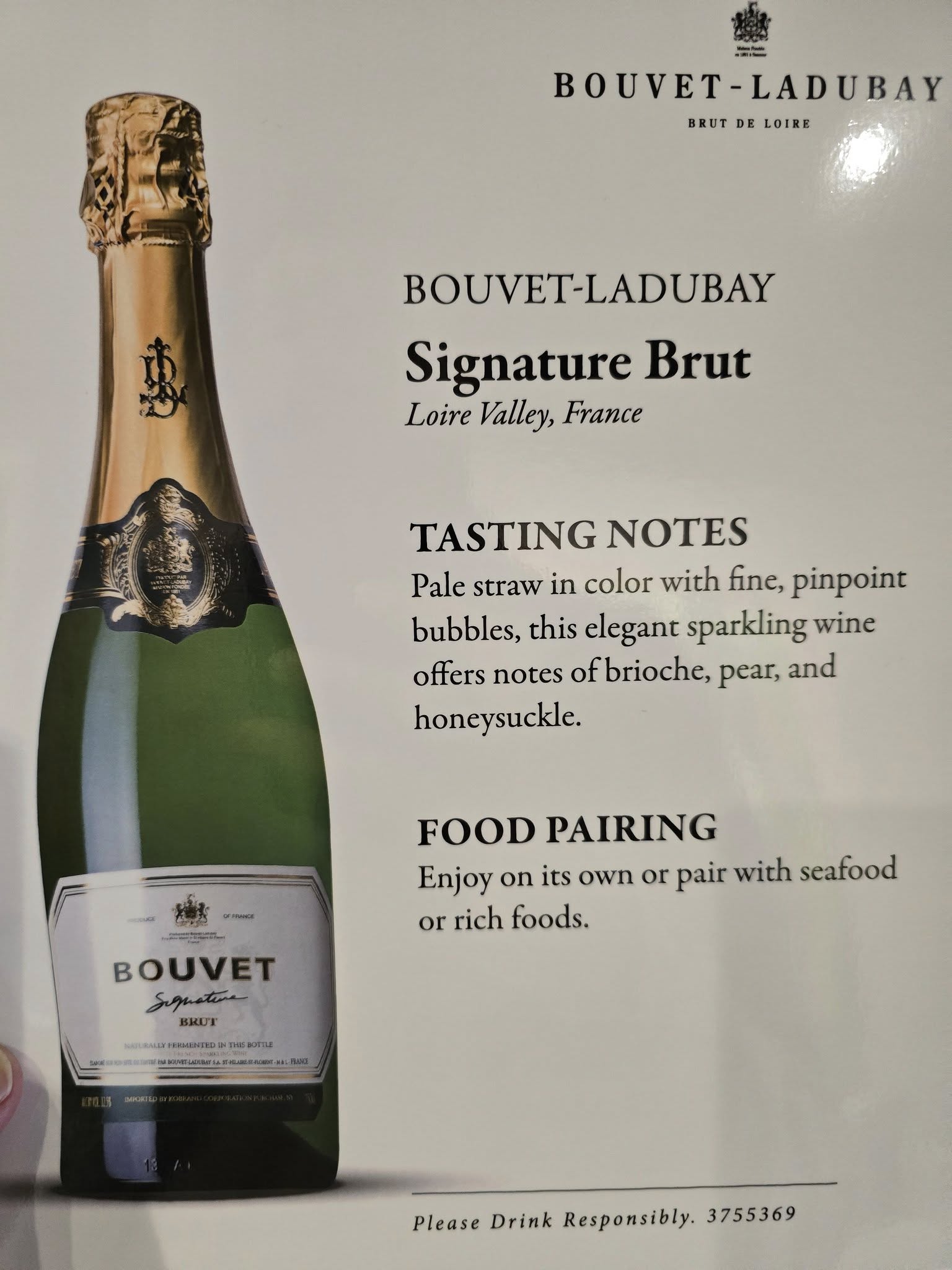 A promotional image for Bouvet-Ladubay Signature Brut, highlighting tasting notes and food pairing suggestions for this sparkling wine from Loire Valley, France.