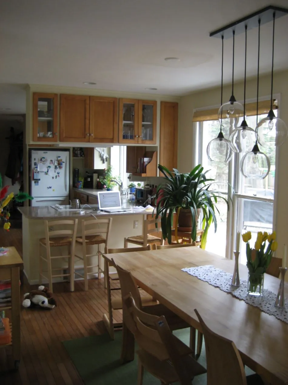 A cozy kitchen-dining area with wooden furniture, pendant lights, and potted plants. A laptop is open on the countertop near flowers.