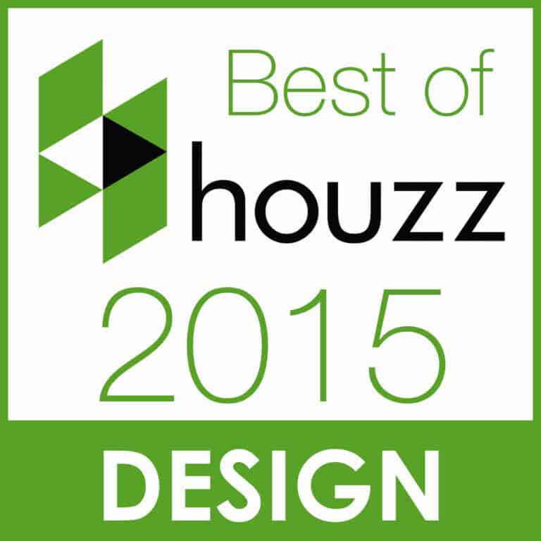 "Best of Houzz 2015 Design" award logo, featuring a green and white color scheme with bold text and a geometric icon.