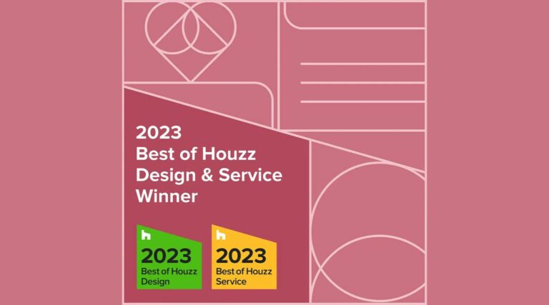 Geometric design displaying "2023 Best of Houzz Design & Service Winner" with green and yellow award badges on a pink background.