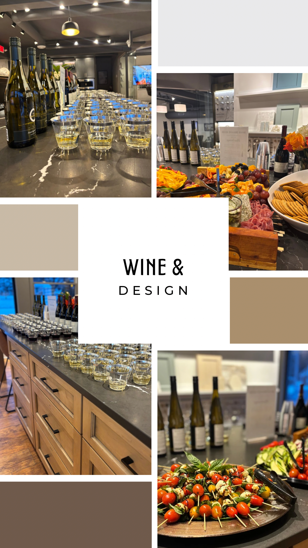 A stylish event featuring wine, cheese, and appetizers on a sleek countertop. Bottles and glasses are neatly arranged for tasting.