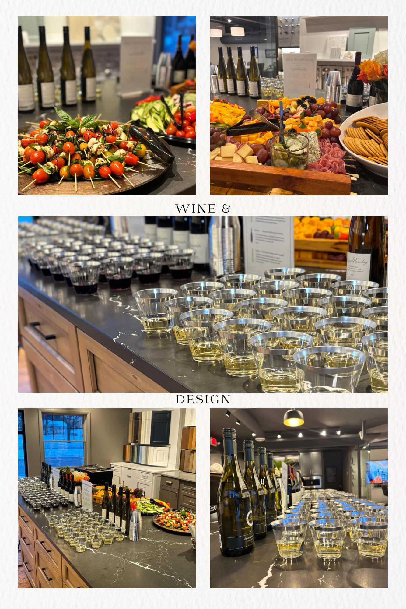 A stylish event features elegant wine displays, appetizers, and refreshments set on countertops. The setting creates an inviting atmosphere for socializing.
