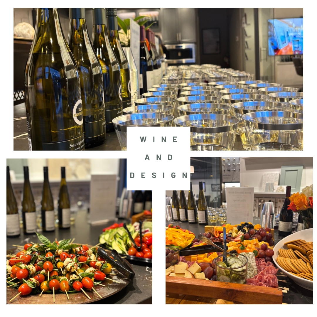 Wine bottles and glasses are arranged on a counter with appetizers, featuring a "Wine and Design" theme.