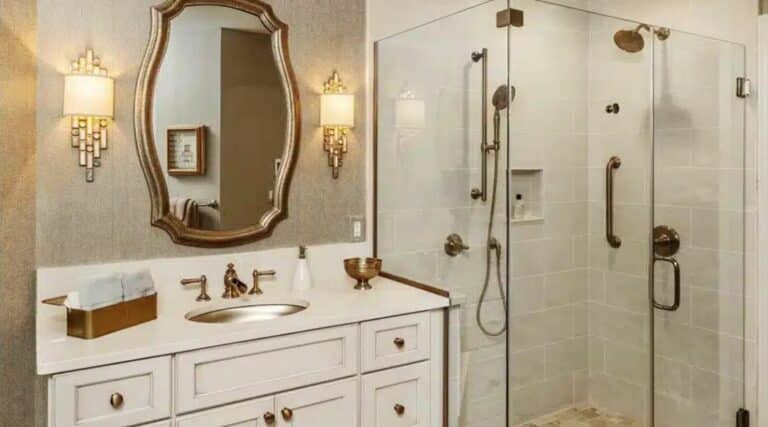 A modern bathroom features a glass shower, white vanity with brass fixtures, ornate mirror, and decorative wall sconces, creating a stylish, elegant space.