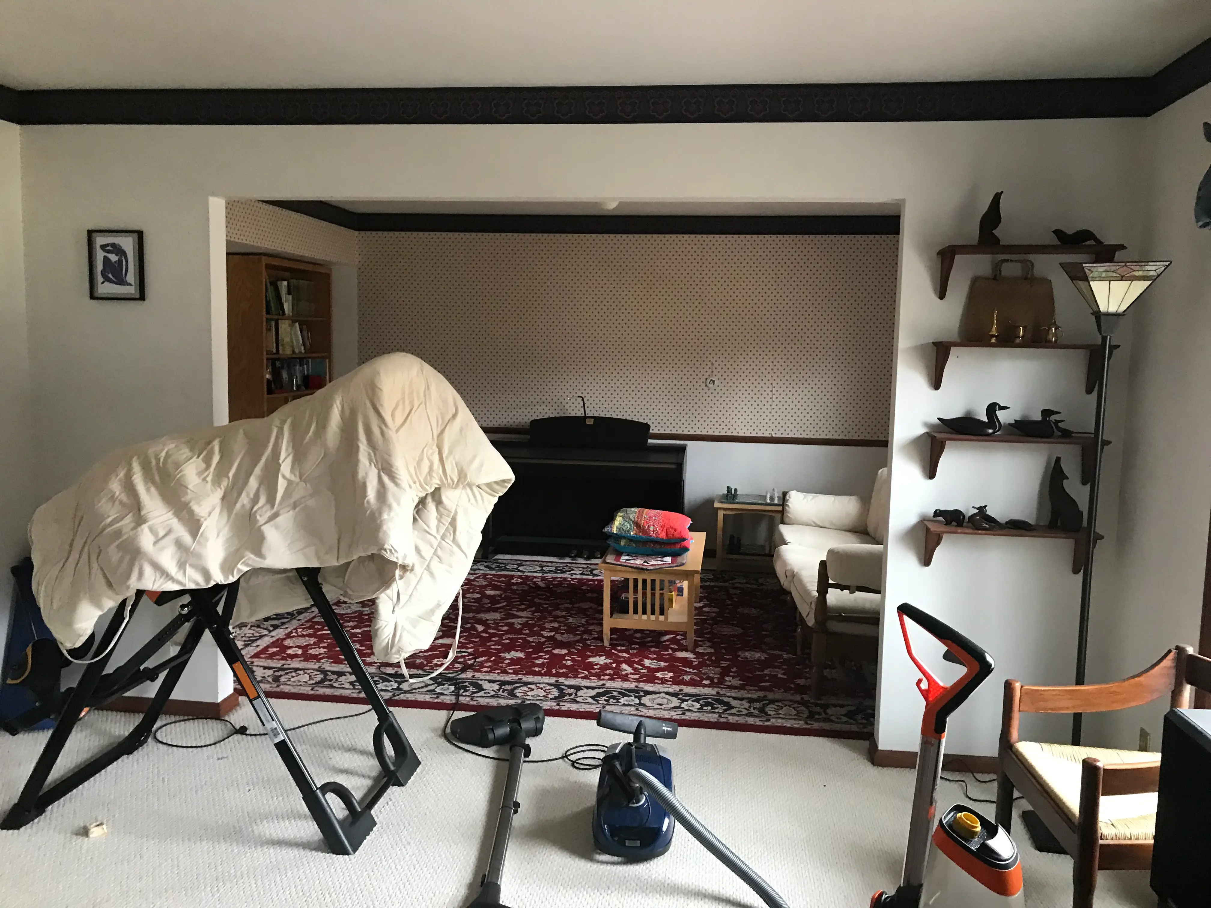 A cozy living room with exercise equipment, vacuum cleaner, a piano, patterned rug, bookshelves, and decorative wooden shelves with carved animal figures.