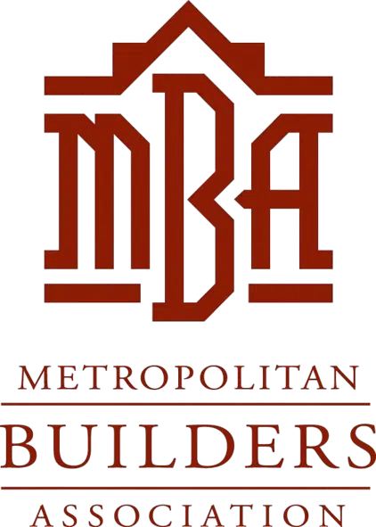 Logo with "MBA" and text reading "Metropolitan Builders Association." Stylized house outline in red above the letters on a transparent background.