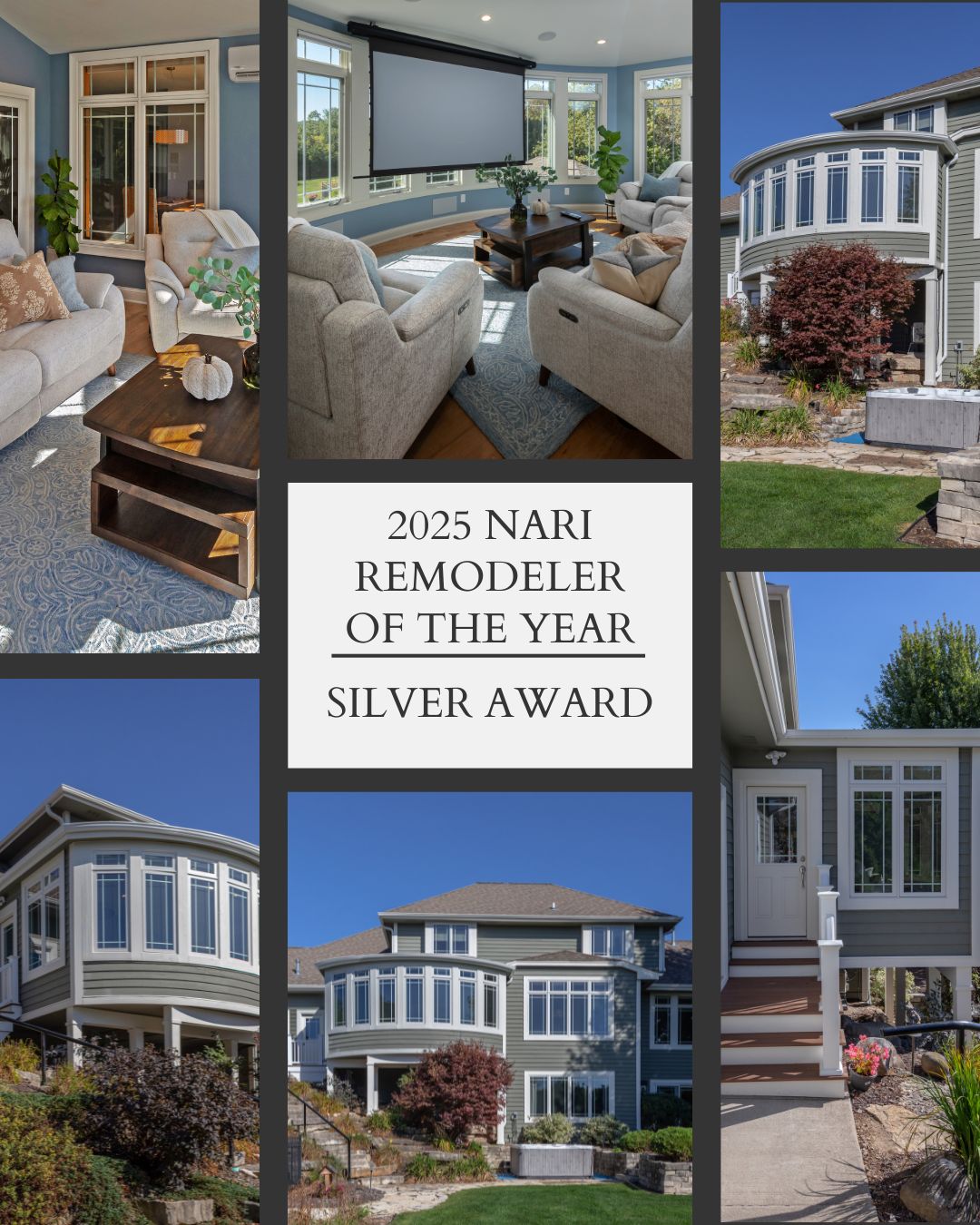Modern home interior and exterior showcase, featuring spacious living room and beautiful landscaping. 2025 NARI Silver Award for Remodeling Excellence displayed prominently.
