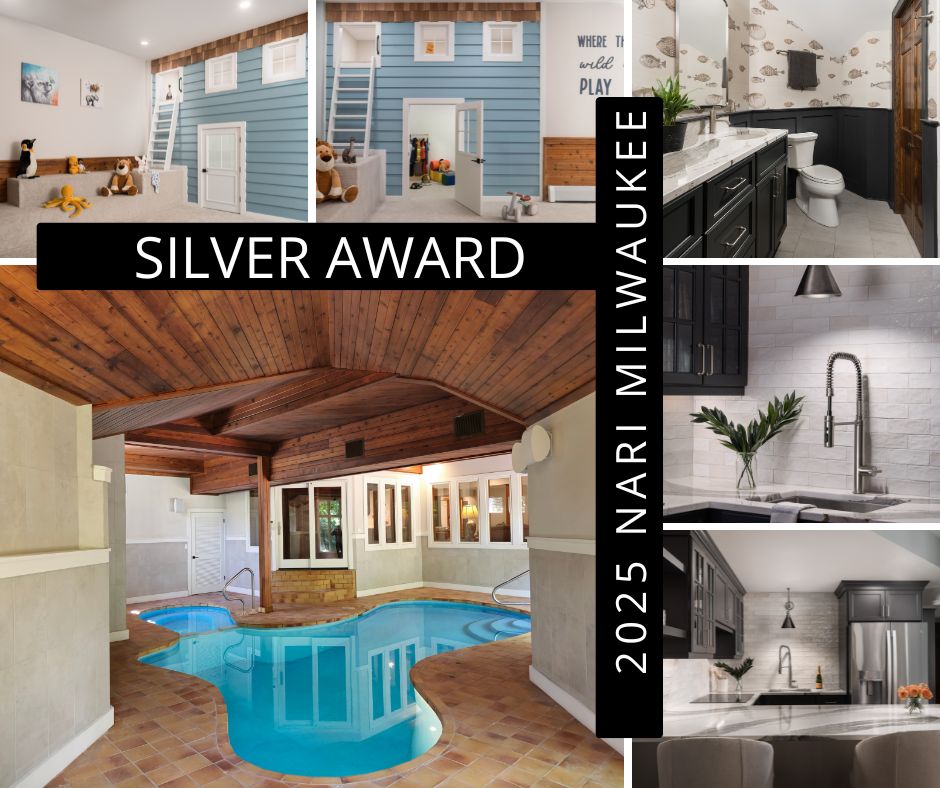 A collage of home interiors highlights a swimming pool, cozy playroom, modern kitchen, and luxurious bathroom, with “Silver Award 2025 NARI Milwaukee” text.