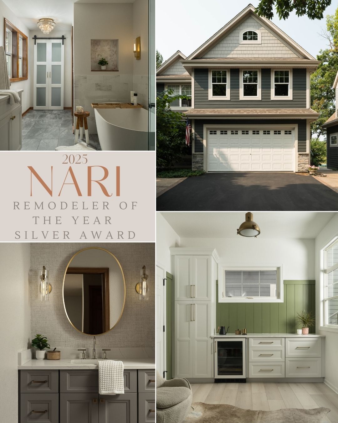 Modern home interior and exterior images showcasing a bathroom, kitchen, and house front alongside a "NARI Remodeler of the Year Silver Award" graphic.