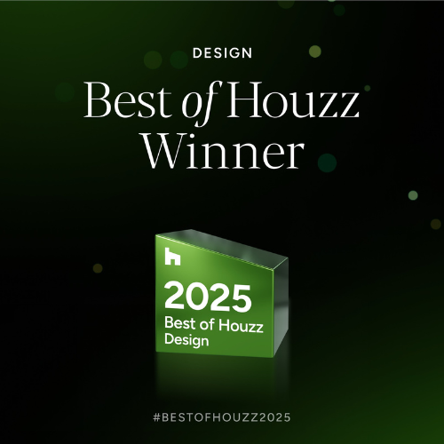 Promotional image featuring "Best of Houzz 2025" winner announcement against a dark background with green accents, highlighting design excellence.