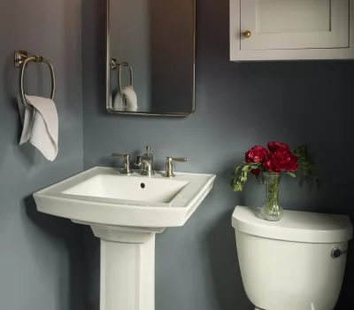 Small, modern bathroom with pedestal sink, mirror, and white toilet. Dark walls, bright light fixture, and red flowers in clear vase.