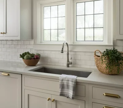 A bright kitchen features white cabinets, a stainless steel sink, a window, and countertop with a bowl of vegetables and a wicker basket.