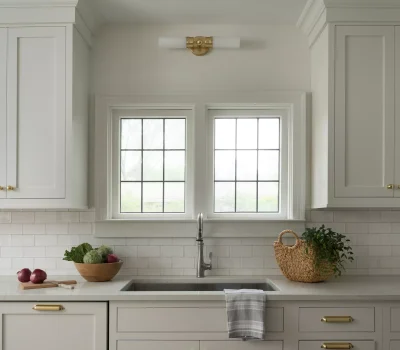 A bright, modern kitchen features white cabinets, a double window, metal faucet, and countertop accents including vegetables and a woven basket with greenery.