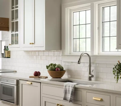 A modern kitchen with white cabinets, stainless steel appliances, and a sink under a window. Vegetables and plants decorate the countertop.