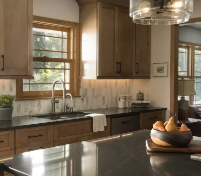 Modern kitchen with wooden cabinets, marble backsplash, and black countertops. Large window, pendant light, and fruit bowl on island. Cozy, natural light setting.