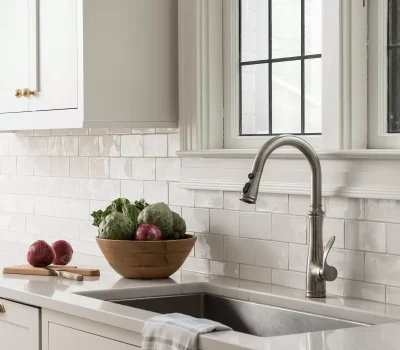 A modern kitchen with white cabinets, a stainless steel faucet, and a bowl of vegetables near a window with grid design.