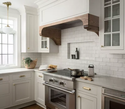 Modern kitchen with white cabinets, wooden floor, and stainless steel appliances. A pot on the stove, and a basket on the counter.