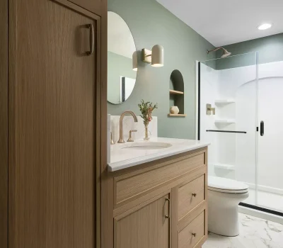 Modern bathroom with wooden cabinetry, round mirror, and glass shower. Green walls, marble-patterned floor, minimalist decor, and elegant fixtures create a serene atmosphere.
