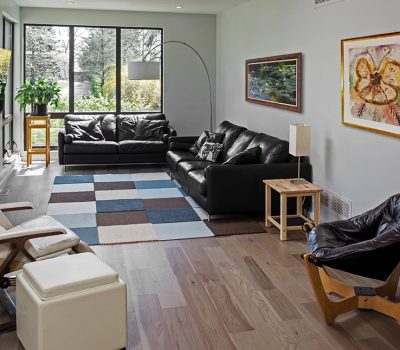A modern living room with dark leather sofas, art on gray walls, large windows, plants, and a colorful geometric rug.