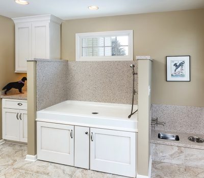 A modern pet washing station with granite accents, cabinetry, and framed artwork. Bright, functional space with beige walls and tile flooring.