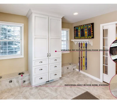 A pet-friendly room with a cabinet, colorful art, built-in dog bowls, leashes, and storage baskets. Beige walls and tiled floor.