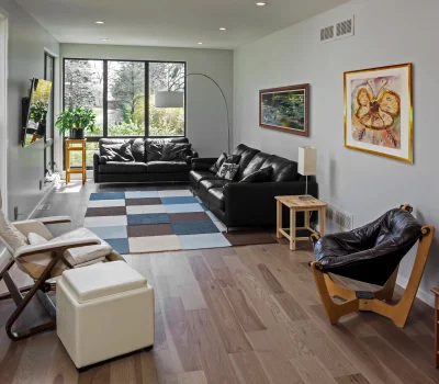 Modern living room with leather sofas, patterned rug, and large windows. Decor includes plants and framed art on neutral walls.