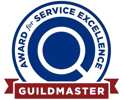 Circular emblem featuring the words "Award for Service Excellence" in blue and "Guildmaster" on a red ribbon below, symbolizing recognition.