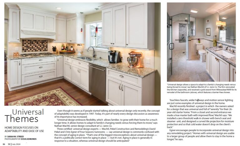 The image showcases modern kitchen and bathroom designs with white cabinets, granite countertops, and text discussing universal design concepts.