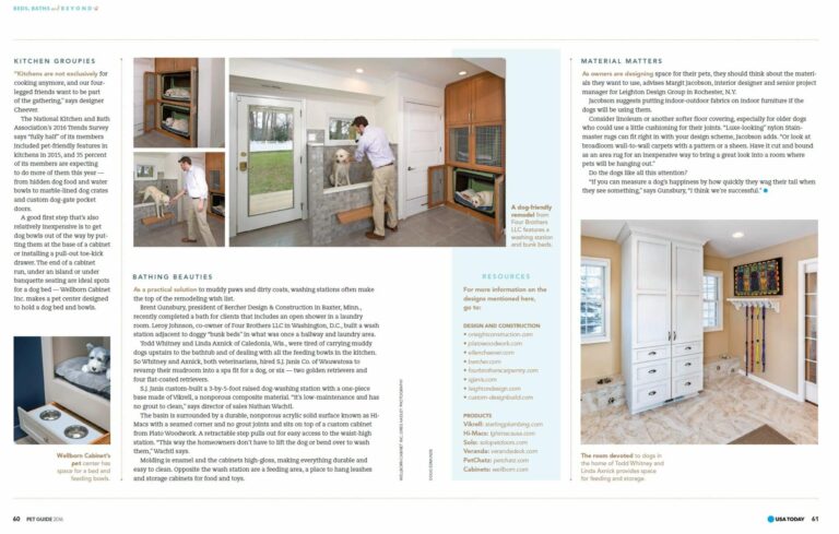 A person prepares a dog wash station with custom cabinetry for pet care, featuring enclosed storage and a spacious area for grooming.