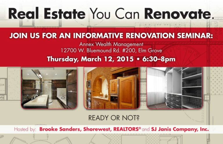 Advertisement for a real estate renovation seminar with images of kitchen, bathroom, and closet. Event details and hosts included.