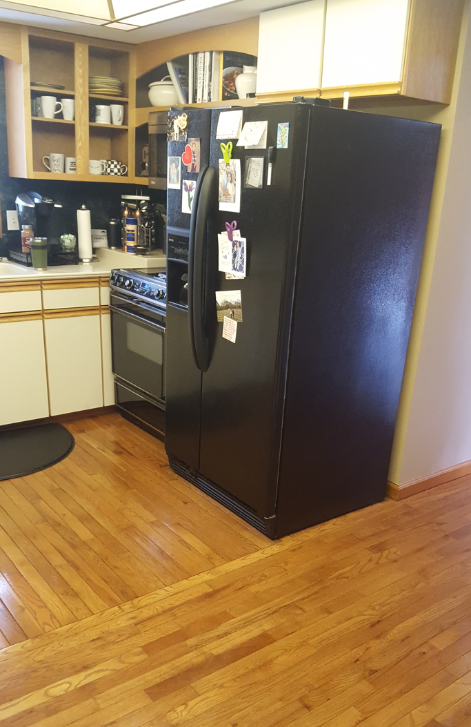 Kitchen with wooden floors, black refrigerator with magnets, oven, coffee maker, open shelving with dishes, under-cabinet lighting, and countertop appliances.